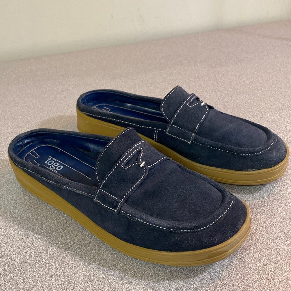 Togo - women’s blue suede slides. Size 7.5